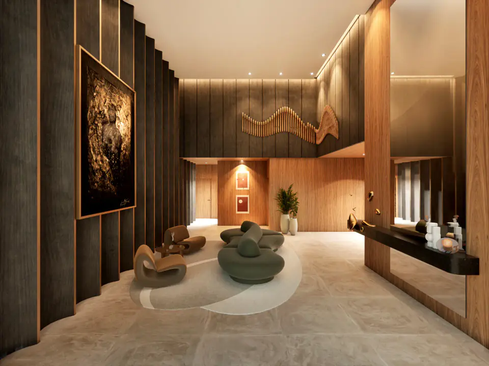 Hall social do Skyline, com interiores NLPX