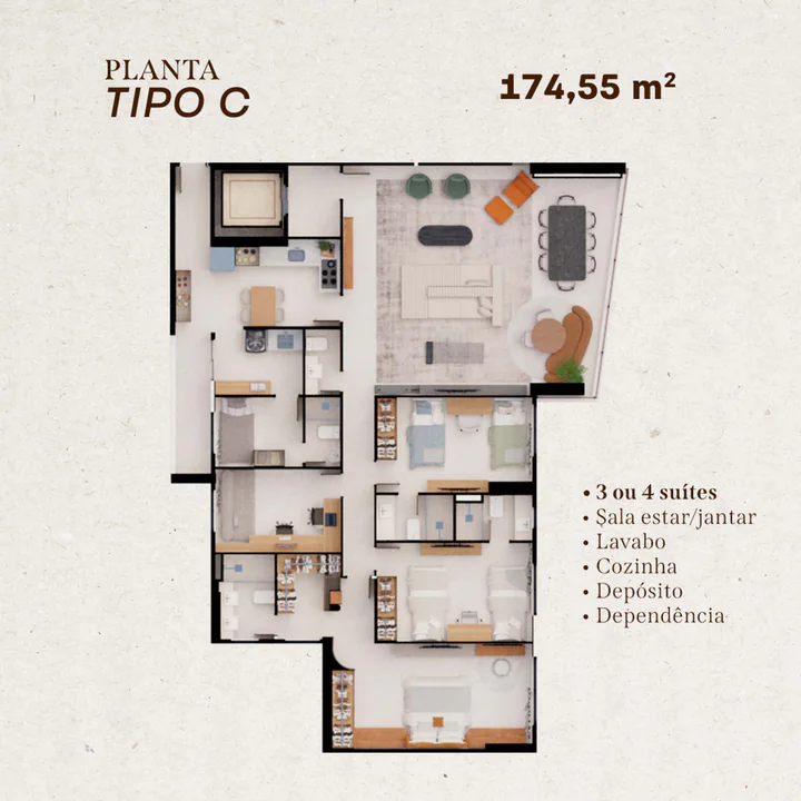 Planta Tipo C do Skyline, 174,55 m²